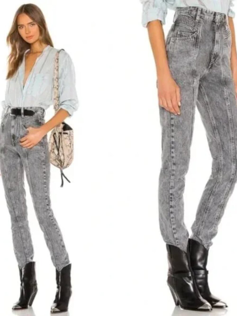 ISABEL MARANT Jeans Womens 38 6 Gray Hominy High Rise Tapered‎ Denim Acid Wash